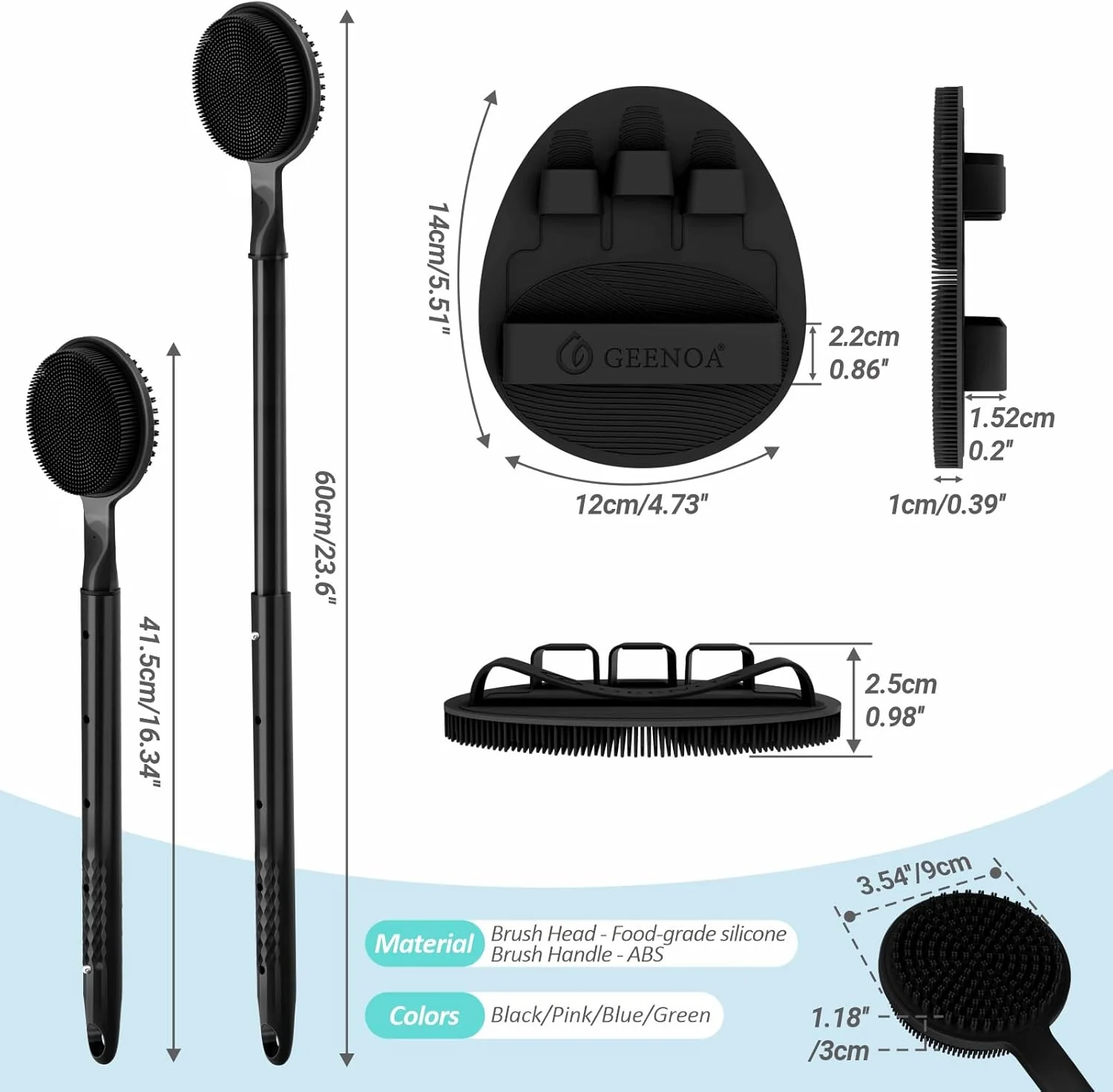 لیف سیلیکونی پشت شوی GEENOA و دستکش حمام نرم 2 عددی، لیف حمام کشویی 40 تا 60 سانتی متری با سر دو طرفه، لیف سیلیکونی 360 درجه ضد لغزش و مناسب دست برای تمیز کردن عمیق و کف فراوان (مشکی)