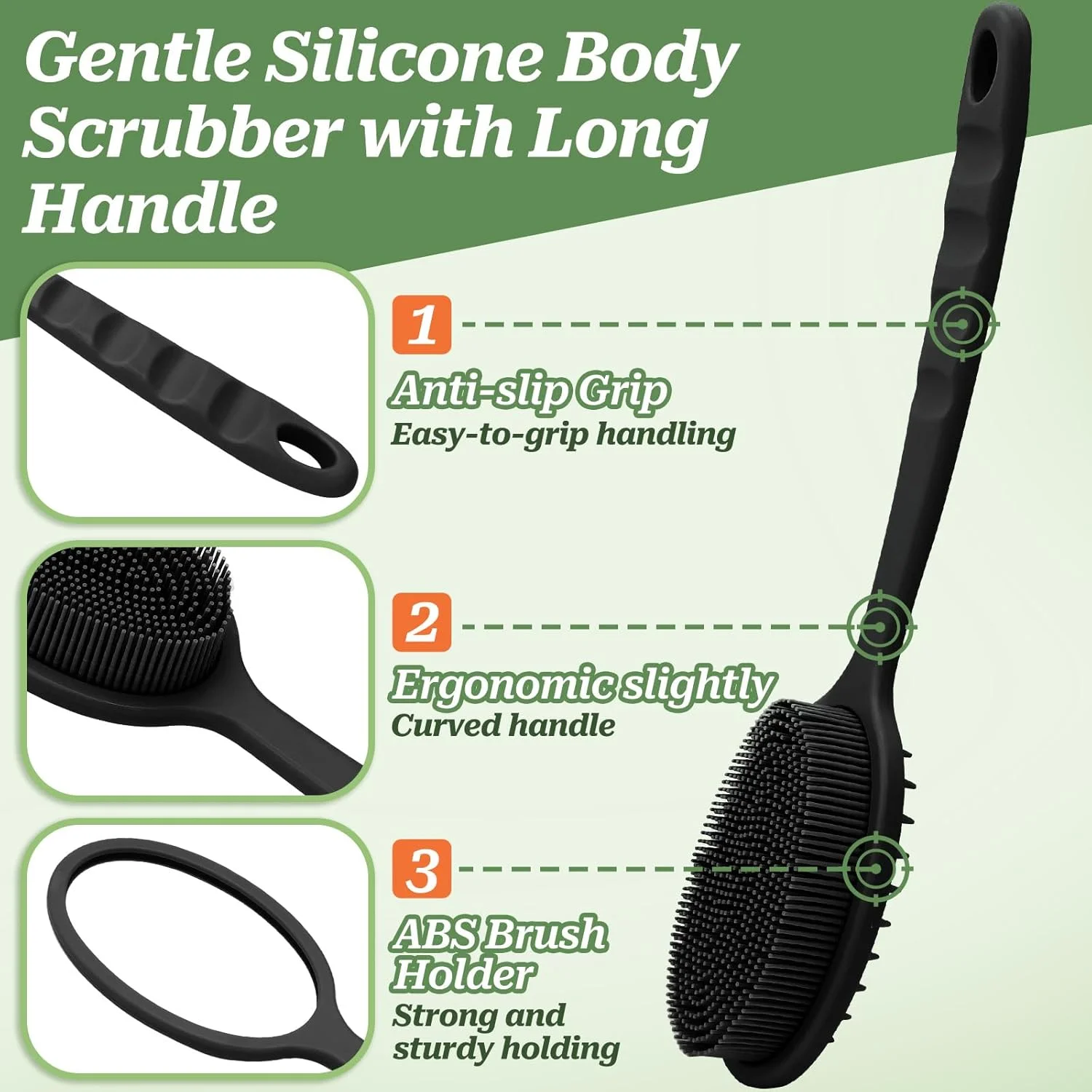 GEENOA Back Scrubber for Shower, Gentle Silicone Body Scrubber, Soft Silicone Loofah with Handle, Back Brush Bath Brush with Two Replaceable Brush Heads. (Black-Two Heads)