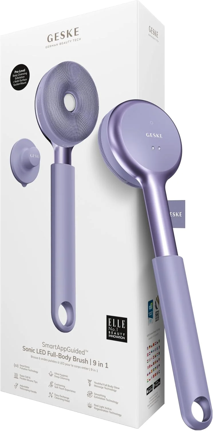 برس تمام بدن LED Sonic GESKE | 9 در 1 | برس پاک کننده بدن و لایه بردار قوی با LED | با پالس های SmartSonic | پاکسازی عمیق و ماساژ تخصصی | از بین برنده پوست خشن | دسته قابل تنظیم