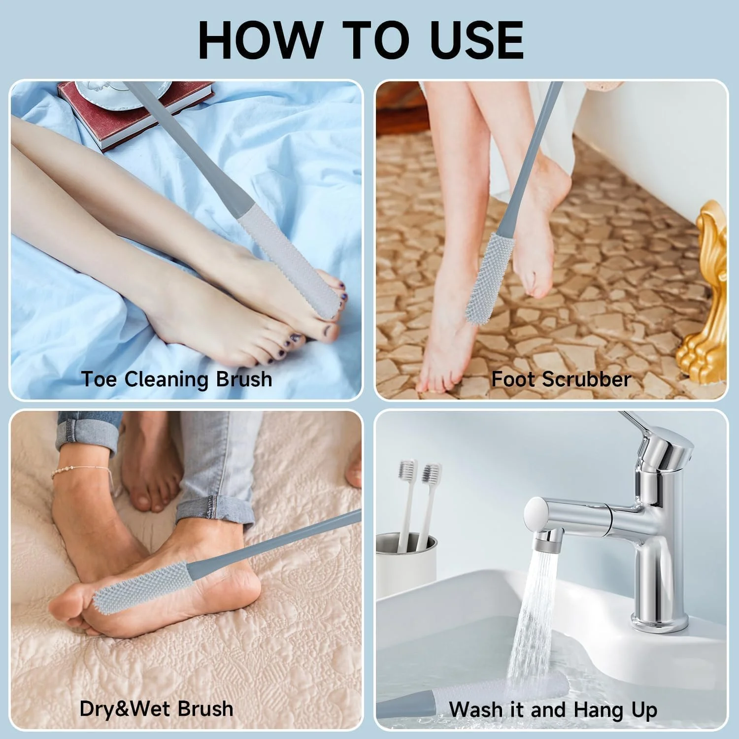 برس تمیز کننده انگشتان پا GLNRM - اسکرابر پا با دسته بلند 40 سانتی متری، برس سیلیکونی نرم لایه بردار پوست، اپلیکاتور لوسیون برای سالمندان، مردان و زنان | برس حمام پا