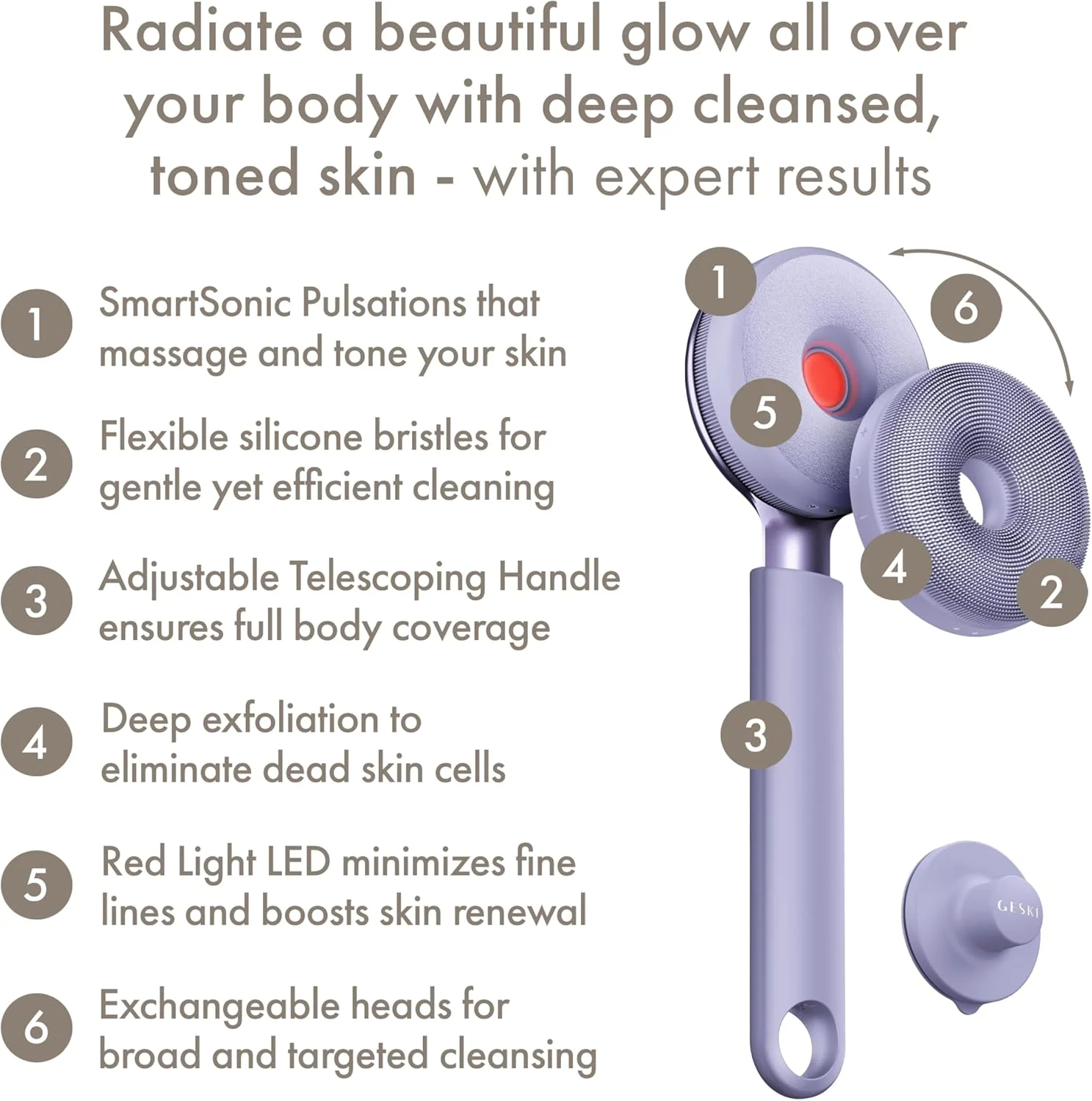 برس تمام بدن LED Sonic GESKE | 9 در 1 | برس پاک کننده بدن و لایه بردار قوی با LED | با پالس های SmartSonic | پاکسازی عمیق و ماساژ تخصصی | از بین برنده پوست خشن | دسته قابل تنظیم برس تمام بدن LED Sonic GESKE | 9 در 1 | برس پاک کننده بدن و لایه بردار قوی با LED | با پالس های SmartSonic | پاکسازی عمیق و ماساژ تخصصی | از بین برنده پوست خشن | دسته قابل تنظیم