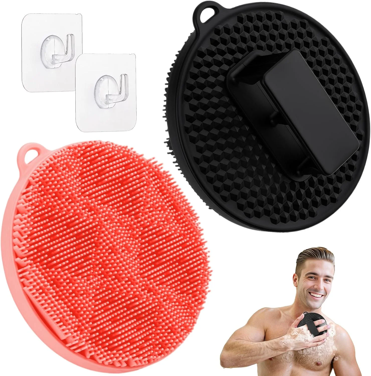 لیف سیلیکونی بدن GEENOA، لیف لایه بردار بدن با موهای متراکم و دسته راحت، لیف سیلیکونی فوق العاده کف کننده و پاک کننده عمیق برای استفاده در حمام (مشکی+صورتی)