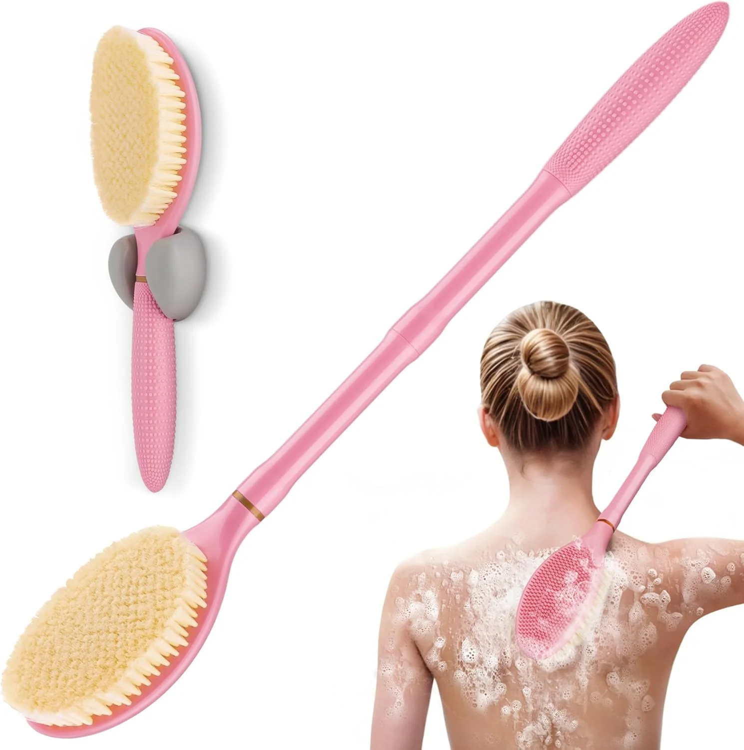 برس پشت شوی جدید GEENOA برای حمام، برس پشت شوی 48 سانتی‌متری ضد لغزش با دسته ذرت، دارای سر برس بزرگ و موهای نرم، برس حمام 3 در 1 برای کف کردن و تمیز کردن (صورتی-L)