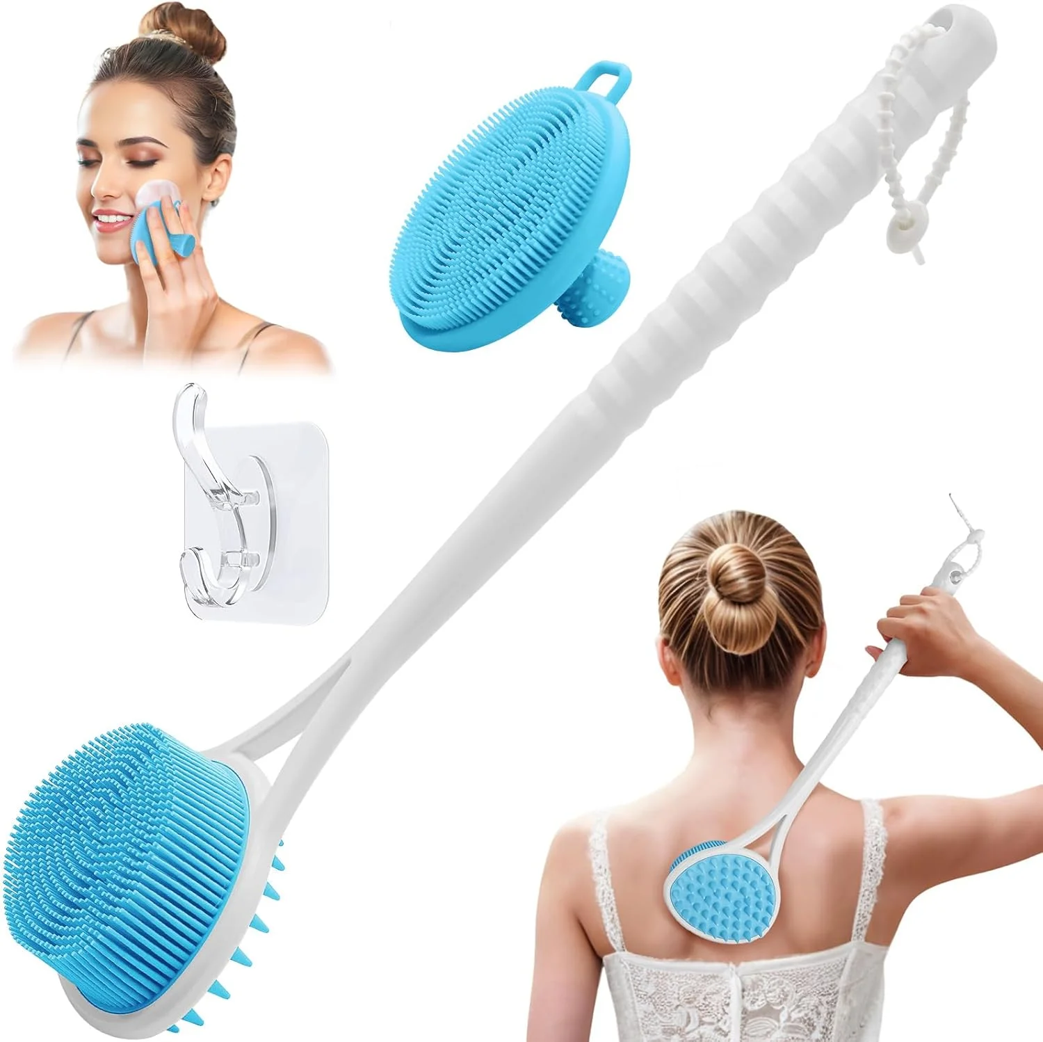 مجموعه اسکرابر سیلیکونی پشت و صورت GEENOA، اسکرابر پشتی 39 سانتی‌متری برای دوش با سر برس دو طرفه، اسکرابر سیلیکونی صورت با موهای نرم، برس ملایم صورت برای کف کردن و پاکسازی (آبی - 2 عدد)