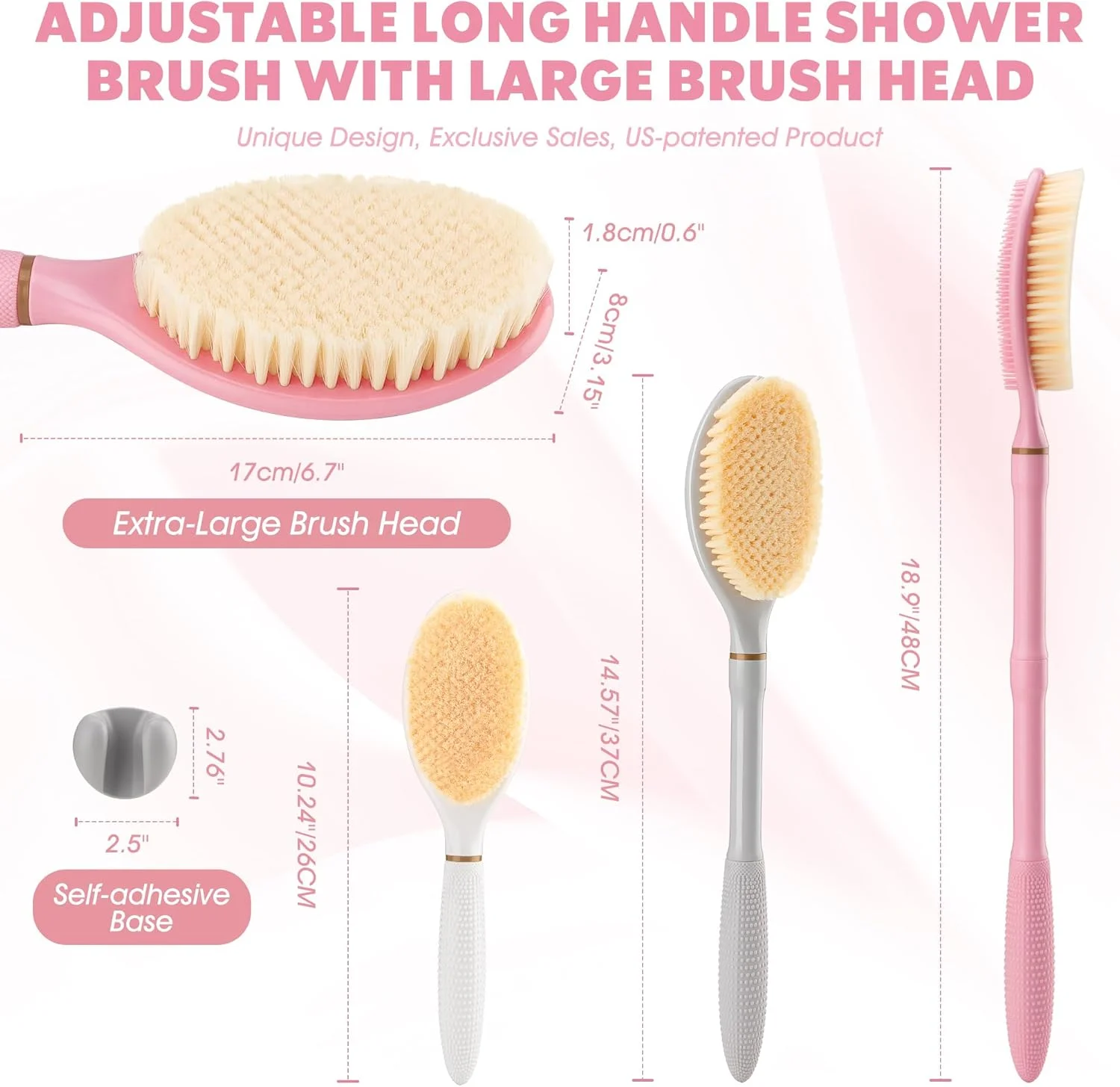 برس پشت شوی جدید GEENOA برای حمام، برس پشت شوی 48 سانتی‌متری ضد لغزش با دسته ذرت، دارای سر برس بزرگ و موهای نرم، برس حمام 3 در 1 برای کف کردن و تمیز کردن (صورتی-L)