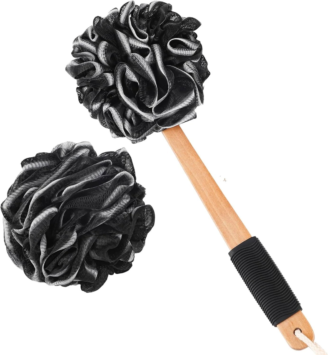 لیف حمام دسته بلند ضد لغزش FlySheli برای بدن، لیف توری بزرگ برای حمام، مناسب برای خانم ها و آقایان، اسفنج حمام 2 عددی با طناب برای آویزان کردن آسان (مشکی)