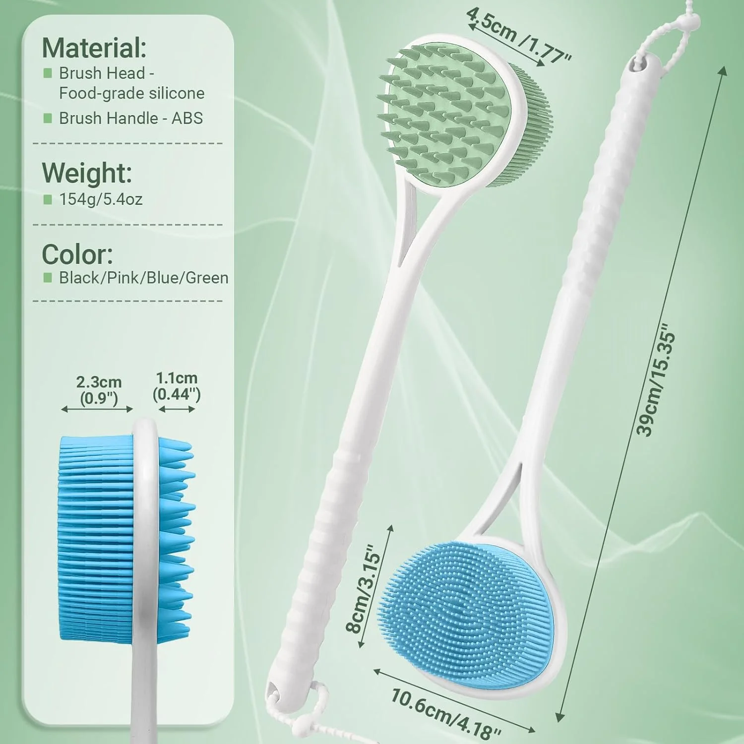 مجموعه اسکرابر سیلیکونی پشت و صورت GEENOA، اسکرابر پشتی 39 سانتی‌متری برای دوش با سر برس دو طرفه، اسکرابر سیلیکونی صورت با موهای نرم، برس ملایم صورت برای کف کردن و پاکسازی (آبی - 2 عدد)