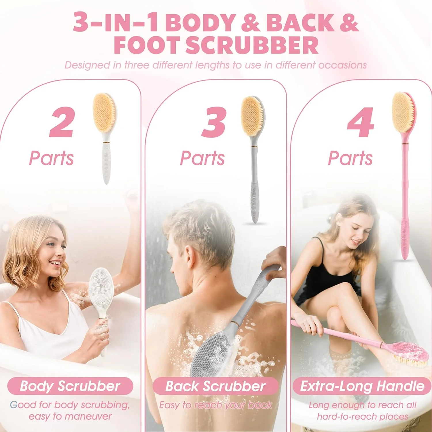 برس پشت شوی جدید GEENOA برای حمام، برس پشت شوی 48 سانتی‌متری ضد لغزش با دسته ذرت، دارای سر برس بزرگ و موهای نرم، برس حمام 3 در 1 برای کف کردن و تمیز کردن (صورتی-L)