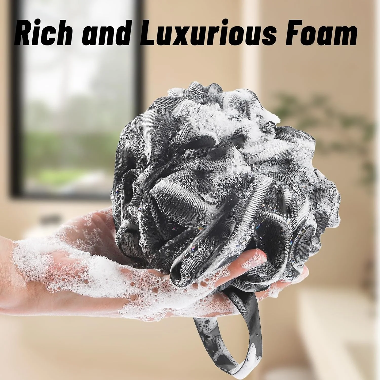 لیف حمام دسته بلند ضد لغزش FlySheli برای بدن، لیف توری بزرگ برای حمام، مناسب برای خانم ها و آقایان، اسفنج حمام 2 عددی با طناب برای آویزان کردن آسان (مشکی)