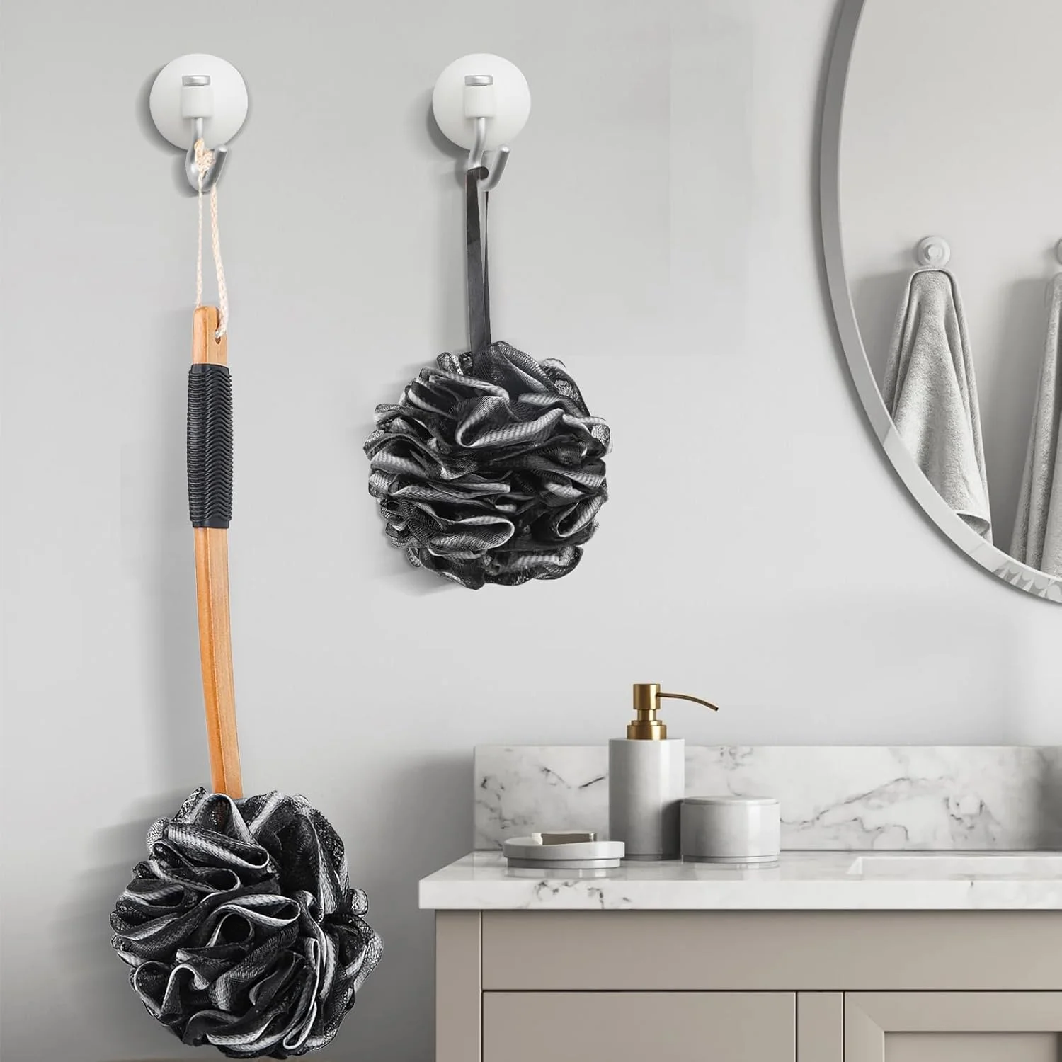 لیف حمام دسته بلند ضد لغزش FlySheli برای بدن، لیف توری بزرگ برای حمام، مناسب برای خانم ها و آقایان، اسفنج حمام 2 عددی با طناب برای آویزان کردن آسان (مشکی)