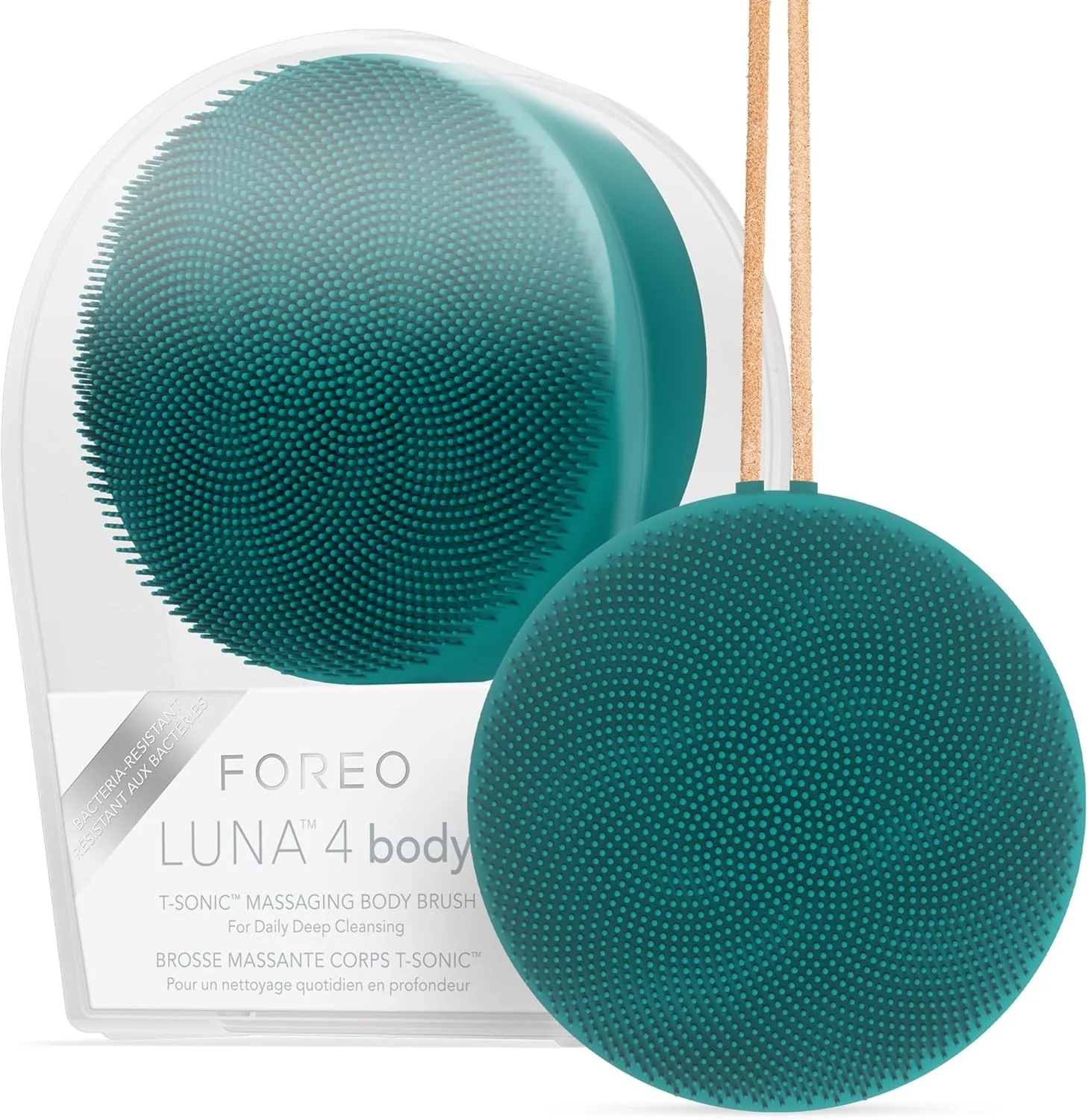 FOREO LUNA 4 body Evergreen - برس ماساژ بدن - پاک کننده و لایه بردار کل بدن - اسکرابر لایه بردار بدن - برای تخلیه لنفاوی و درمان موهای زیر پوستی - 100% ضد آب - قابل شارژ با USB