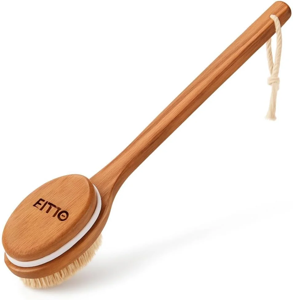 برس بدن FITTO با دسته بلند - موهای طبیعی، پاک کننده اسپا برای پشت، لایه برداری و ماساژ برس حمام برای مراقبت از پوست، دوش و آرامش، ملایم و بادوام