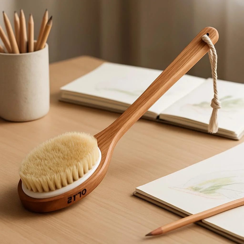 برس بدن FITTO با دسته بلند - موهای طبیعی، پاک کننده اسپا برای پشت، لایه برداری و ماساژ برس حمام برای مراقبت از پوست، دوش و آرامش، ملایم و بادوام