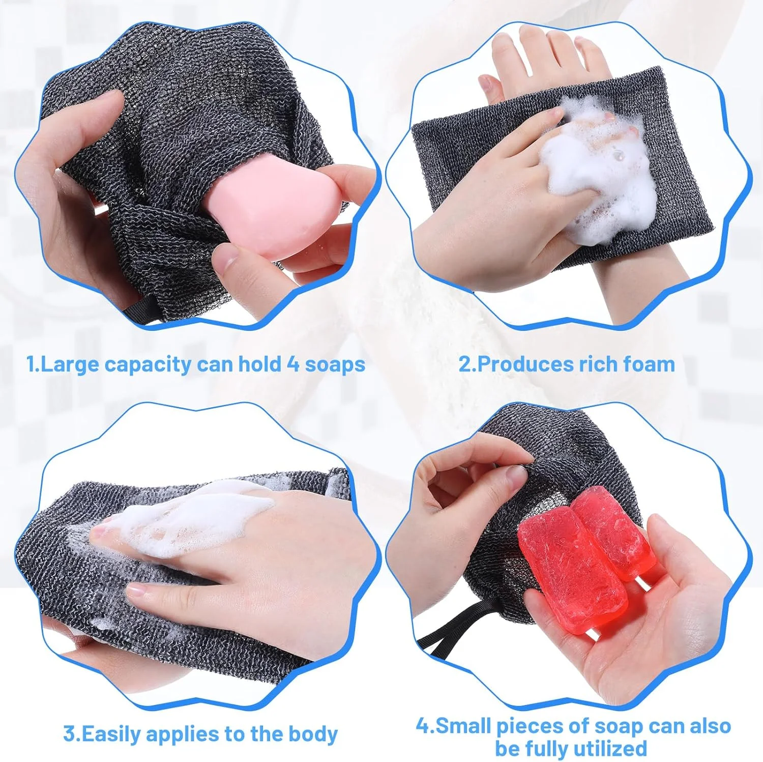 4 عدد کیسه صابون توری، کیسه محافظ صابون میله ای برای فوم دهی عمیق حمام، کیسه اسفنجی لیف صابون بدن، کیسه ایجاد کف صابون برای دوش، کیسه های صابون زبر در حمام (خاکستری)