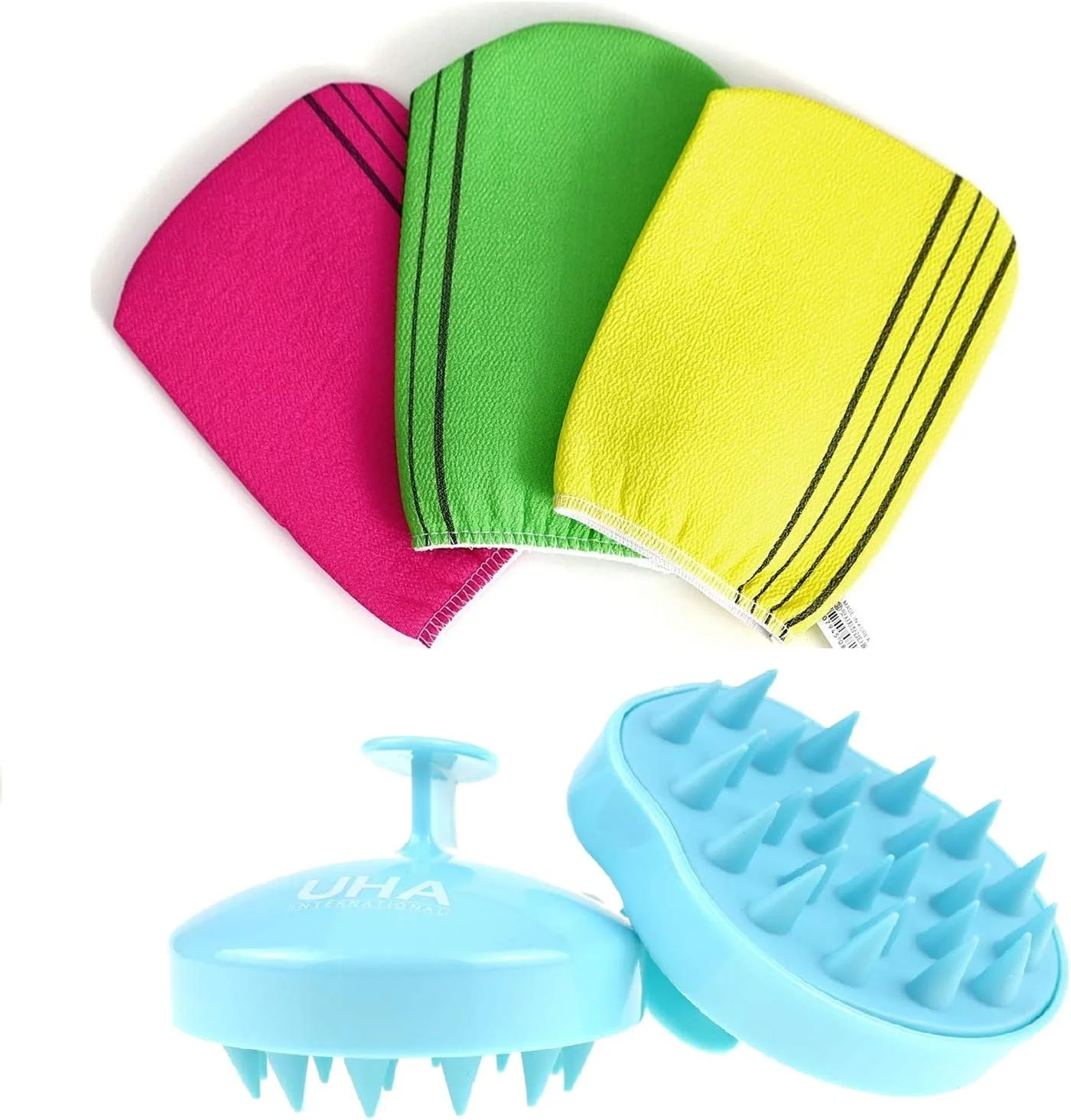 لیف حمام لایه بردار کره ای 3 عددی به همراه برس شستشوی مو، شانه مو و ماساژور پوست سر برای درمان اسپا مو، دستکش لایه بردار حمام کره ای اصل - 3 عدد و برس موی سر - 1 عدد