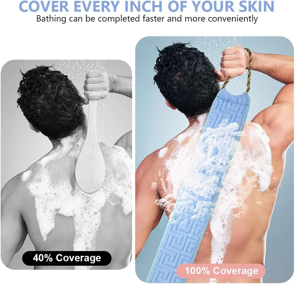 لیف اسکراب پشت برای حمام، 86 سانتی متری با دسته، ابزار لایه بردار دو طرفه بدن، لیف لایه بردار برای شستشوی عمیق بدن برای آقایان و بانوان (آبی اقیانوسی)
