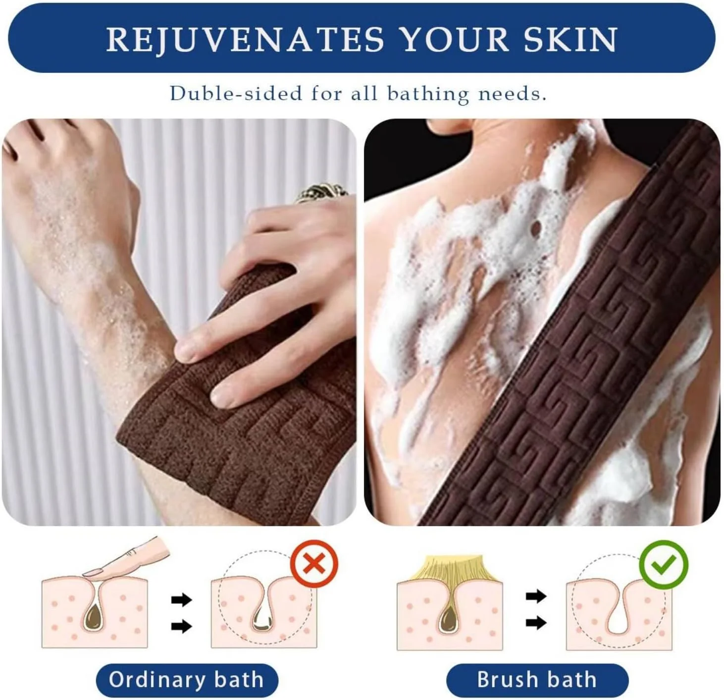 لیف اسکراب لایه بردار پشت با دسته های ارتقا یافته، لیف شستشوی دو طرفه پشت با دسته برای استفاده در حمام، ابزار حمام لایه بردار بدن برای پاکسازی عمیق بدن برای مردان و زنان (قهوه ای)