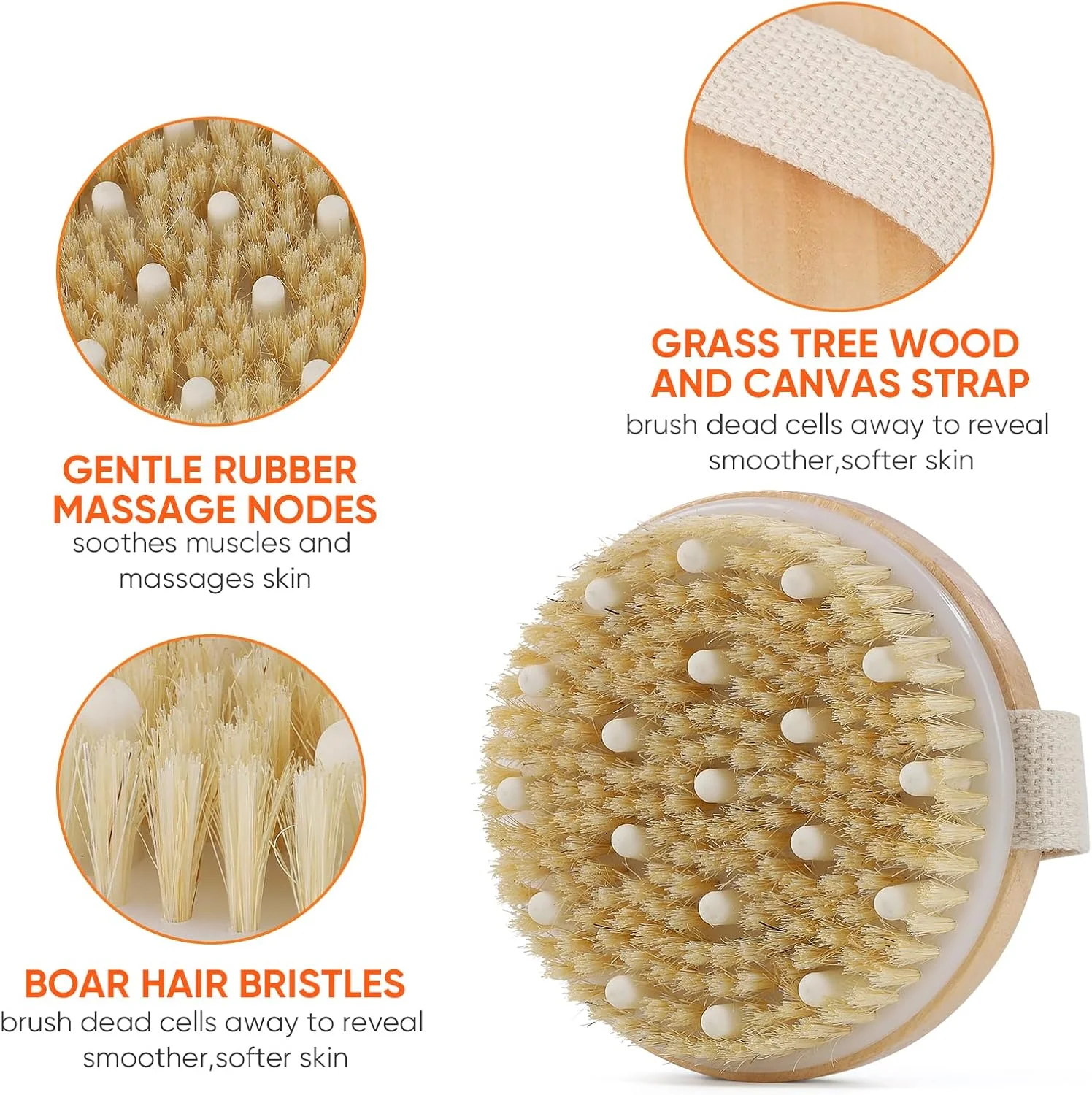 برس حمام گرد لایه بردار خشک، برس چوبی اسکرابر بدن با گره های ماساژ و الیاف مویی برای پوست مرده، سلولیت و لنفاوی