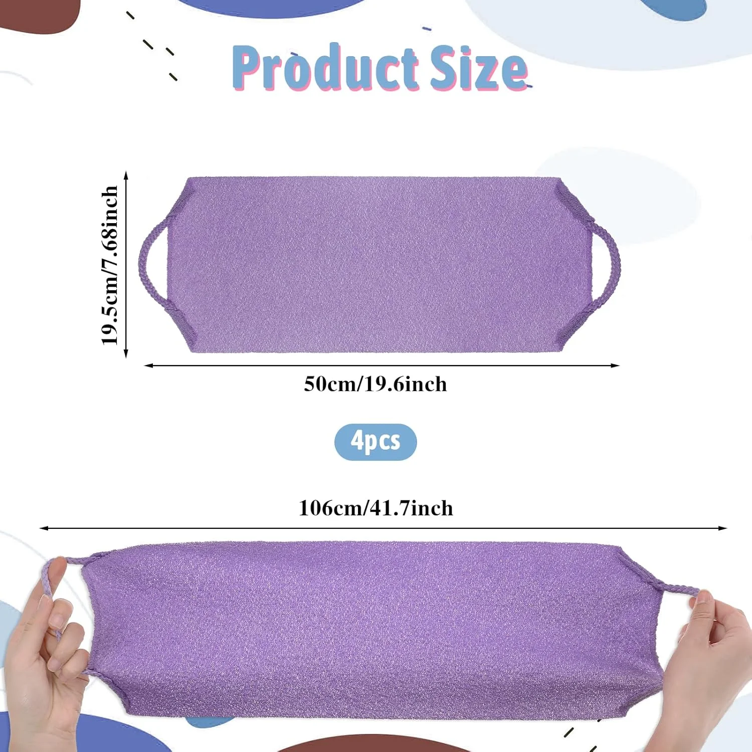 4 عدد لیف لایه بردار پشت با دسته، پارچه حوله ای اسکرابر بدن ژاپنی برای دوش، لایه بردار نایلونی پشت، لیف پشت کشیده شده، بند کششی حمام بدن برای پاکسازی و ماساژ پوست