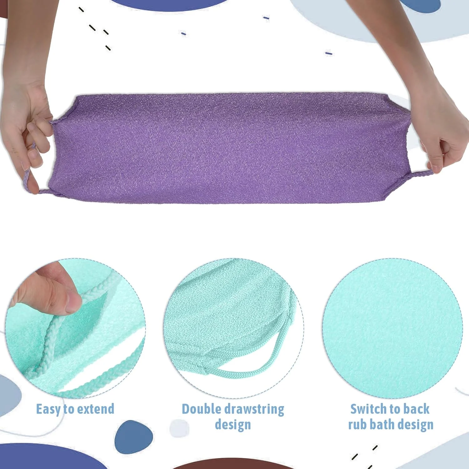 4 عدد لیف لایه بردار پشت با دسته، پارچه حوله ای اسکرابر بدن ژاپنی برای دوش، لایه بردار نایلونی پشت، لیف پشت کشیده شده، بند کششی حمام بدن برای پاکسازی و ماساژ پوست