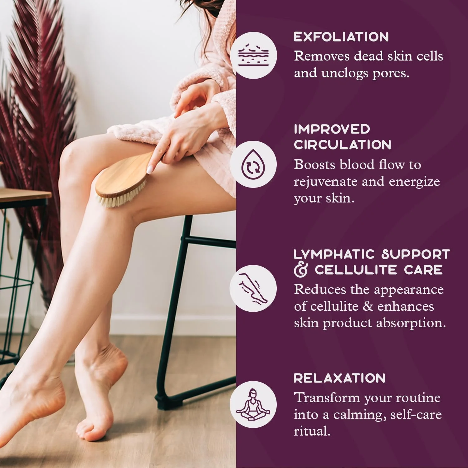 برس خشک لایه بردار Purple Canyon | موهای طبیعی و دسته چوبی توس ارگونومیک | برس بدن برای تخلیه لنفاوی و مراقبت از پوست