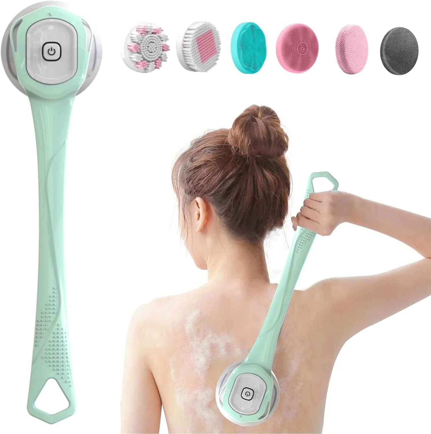 برس حمام برقی بدن، برس اسکرابر شارژی دسته بلند Azonee با 6 سری برای پاکسازی، ماساژ، لایه برداری و مراقبت از پوست شما در حمام (سبز تازه)
