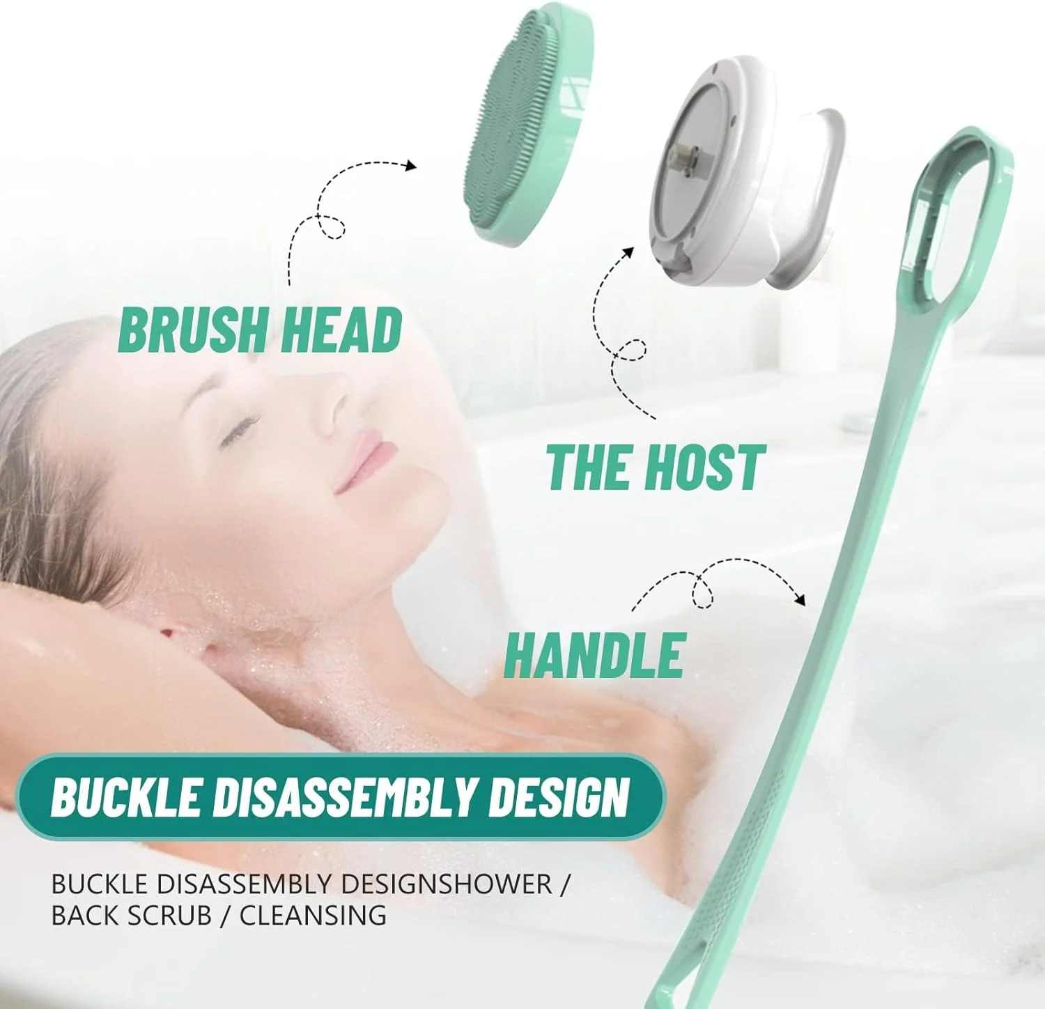 برس حمام برقی بدن، برس اسکرابر شارژی دسته بلند Azonee با 6 سری برای پاکسازی، ماساژ، لایه برداری و مراقبت از پوست شما در حمام (سبز تازه)
