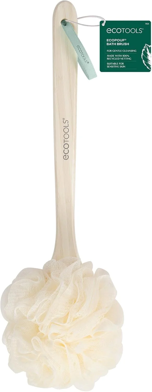 برس حمام اسکرابر بدن EcoTools، اسفنج پشت برای دوش با دسته ارگونومیک، تمیز کننده نواحی دور از دسترس، سفید، بامبو، 1 عدد