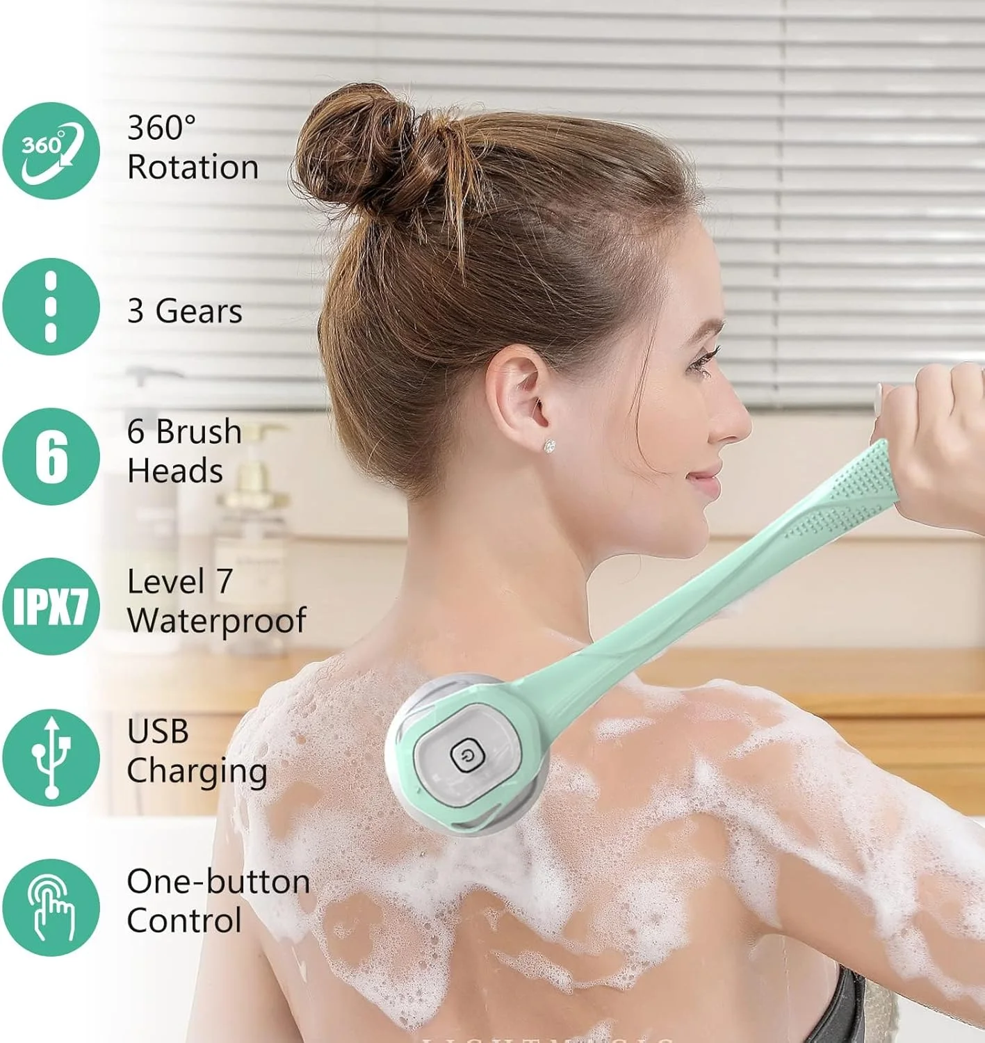 برس حمام برقی بدن، برس اسکرابر شارژی دسته بلند Azonee با 6 سری برای پاکسازی، ماساژ، لایه برداری و مراقبت از پوست شما در حمام (سبز تازه)