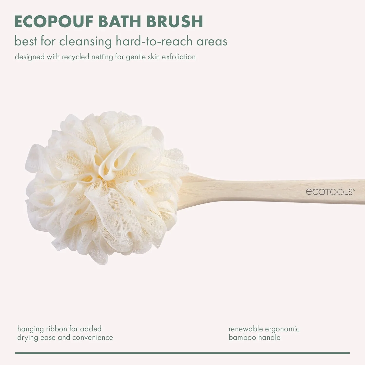 برس حمام اسکرابر بدن EcoTools، اسفنج پشت برای دوش با دسته ارگونومیک، تمیز کننده نواحی دور از دسترس، سفید، بامبو، 1 عدد