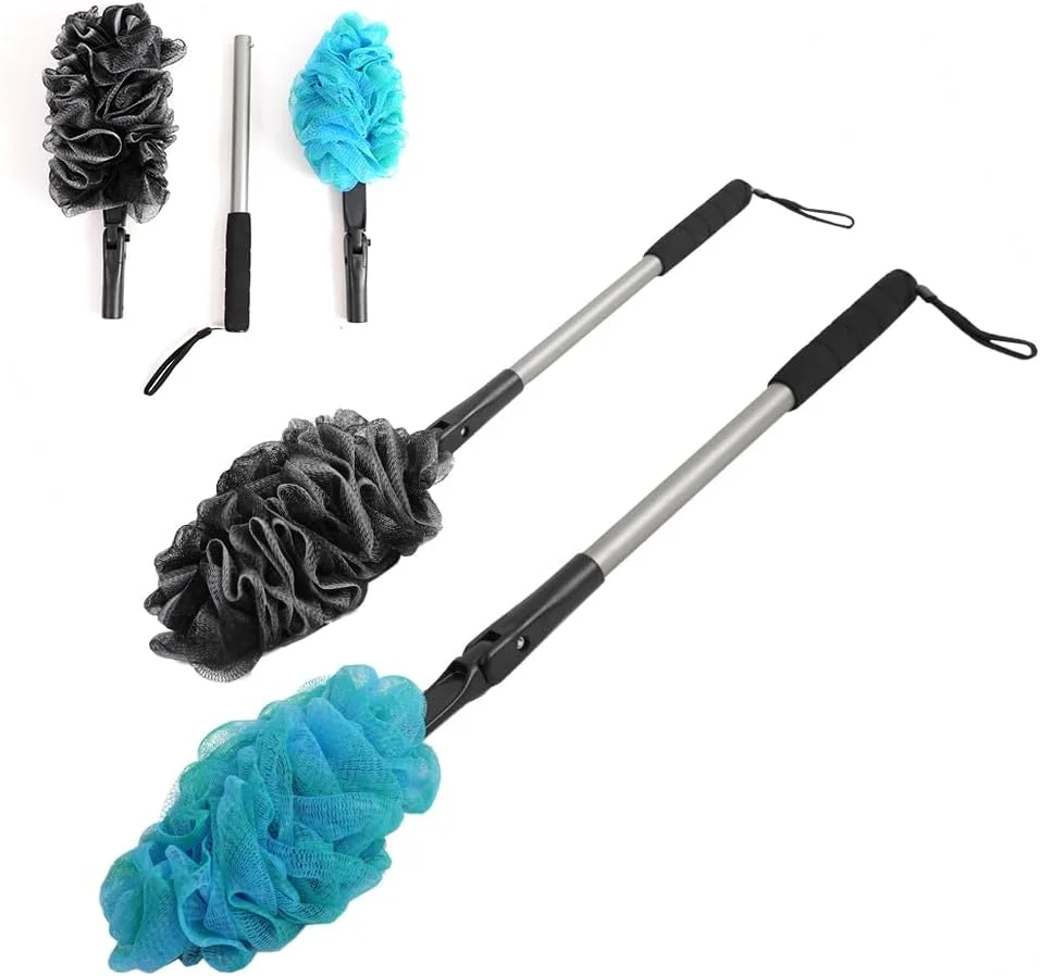 ایس ایس بسته 2 عددی اسفنج حمام بدن، اسفنج دوش، اسفنج شستشو، لوازم جانبی حمام، اسفنج ماساژ، برس حمام توری با دسته بلند برای دوش