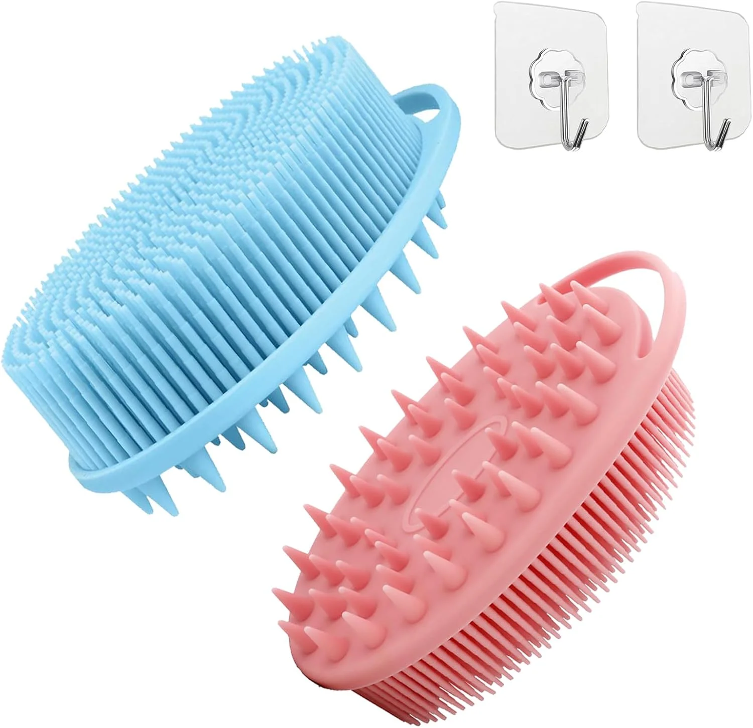 مجموعه دو عددی برس اسکراب بدن سیلیکونی لایه بردار و ماساژور پوست سر شامپو Duomama - تمیز کردن آسان، برای استفاده خشک و مرطوب (آبی و صورتی)