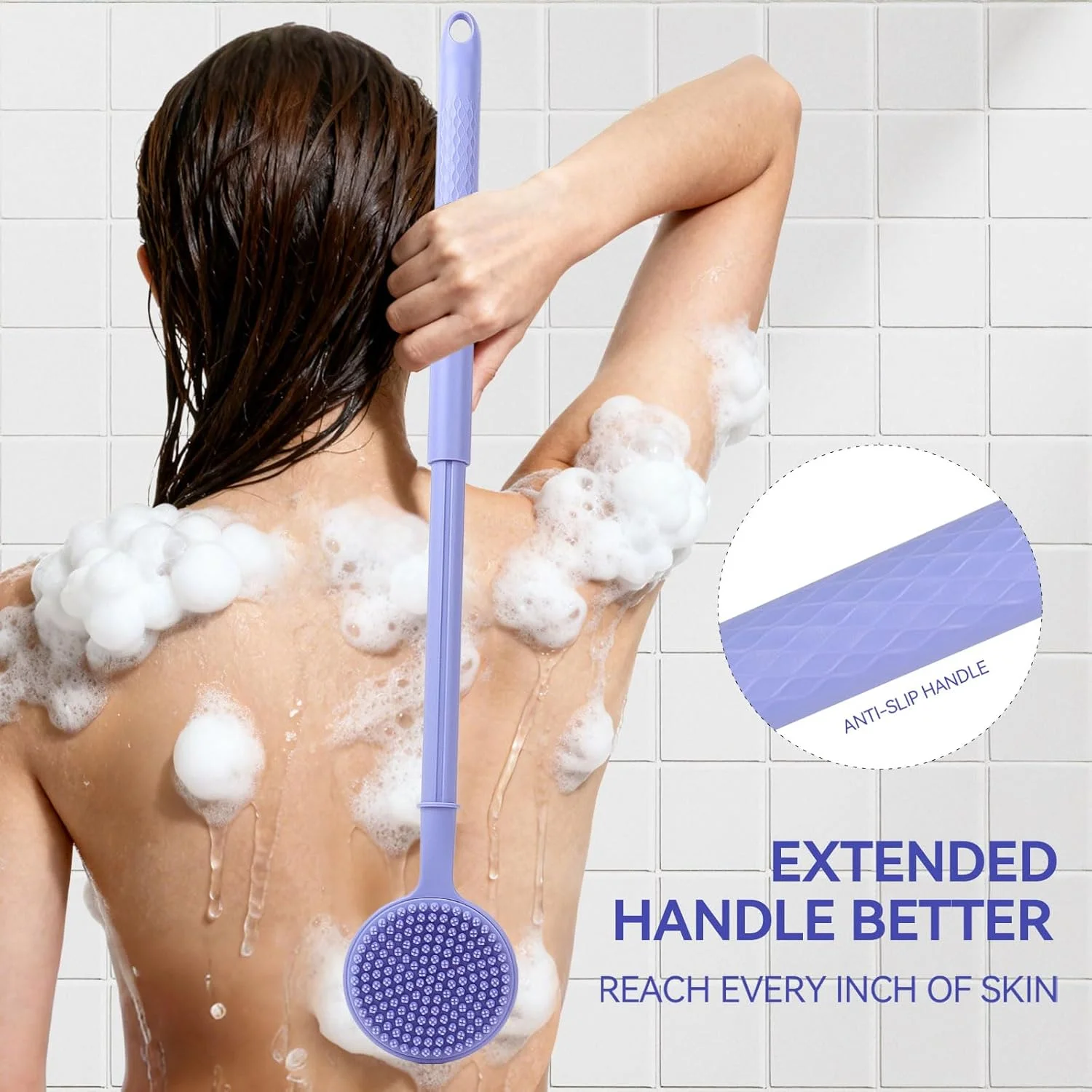 لیف سیلیکونی دو طرفه پشت شوی با دسته قابل افزایش طول 5 حالته (40 تا 60 سانتی متر)، برس حمام، لایه بردار و ماساژور بدن برای آقایان و بانوان (بنفش)
