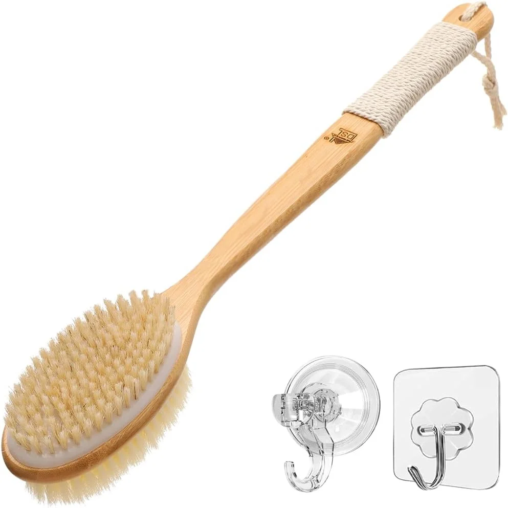 برس پشت شوی دی اس ال برای دوش، برس بدن برای لایه برداری پوست، طراحی دوگانه سر برس نرم و زبر با موهای طبیعی - لایه بردار عالی پشت برای دوش