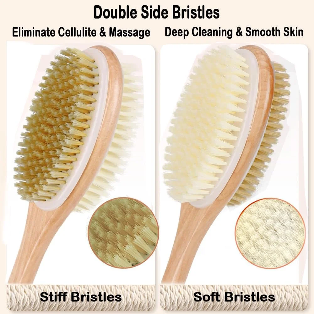 برس پشت شوی دی اس ال برای دوش، برس بدن برای لایه برداری پوست، طراحی دوگانه سر برس نرم و زبر با موهای طبیعی - لایه بردار عالی پشت برای دوش