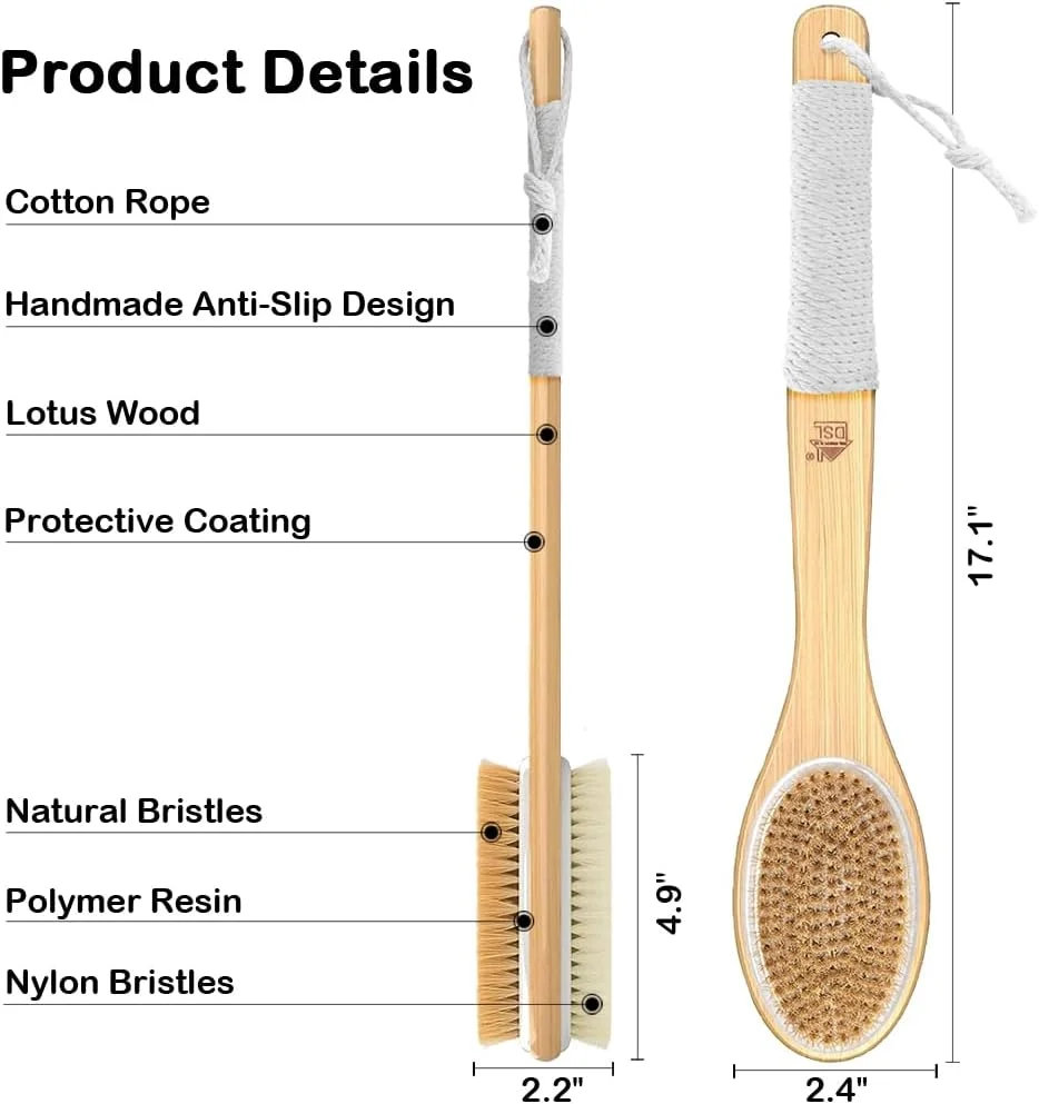 برس پشت شوی دی اس ال برای دوش، برس بدن برای لایه برداری پوست، طراحی دوگانه سر برس نرم و زبر با موهای طبیعی - لایه بردار عالی پشت برای دوش