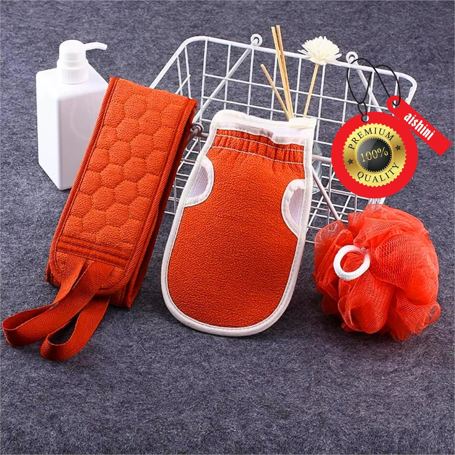Aishini ست 3 تکه اسکرابر حمام شامل لیف لوفا اسفنجی، دستکش حمام و اسکرابر پشت با دسته بلند، حوله اسکراب لحافی، اسکرابر دو طرفه، برس شستشوی بدن با دوام و تمیز کننده عمیق
