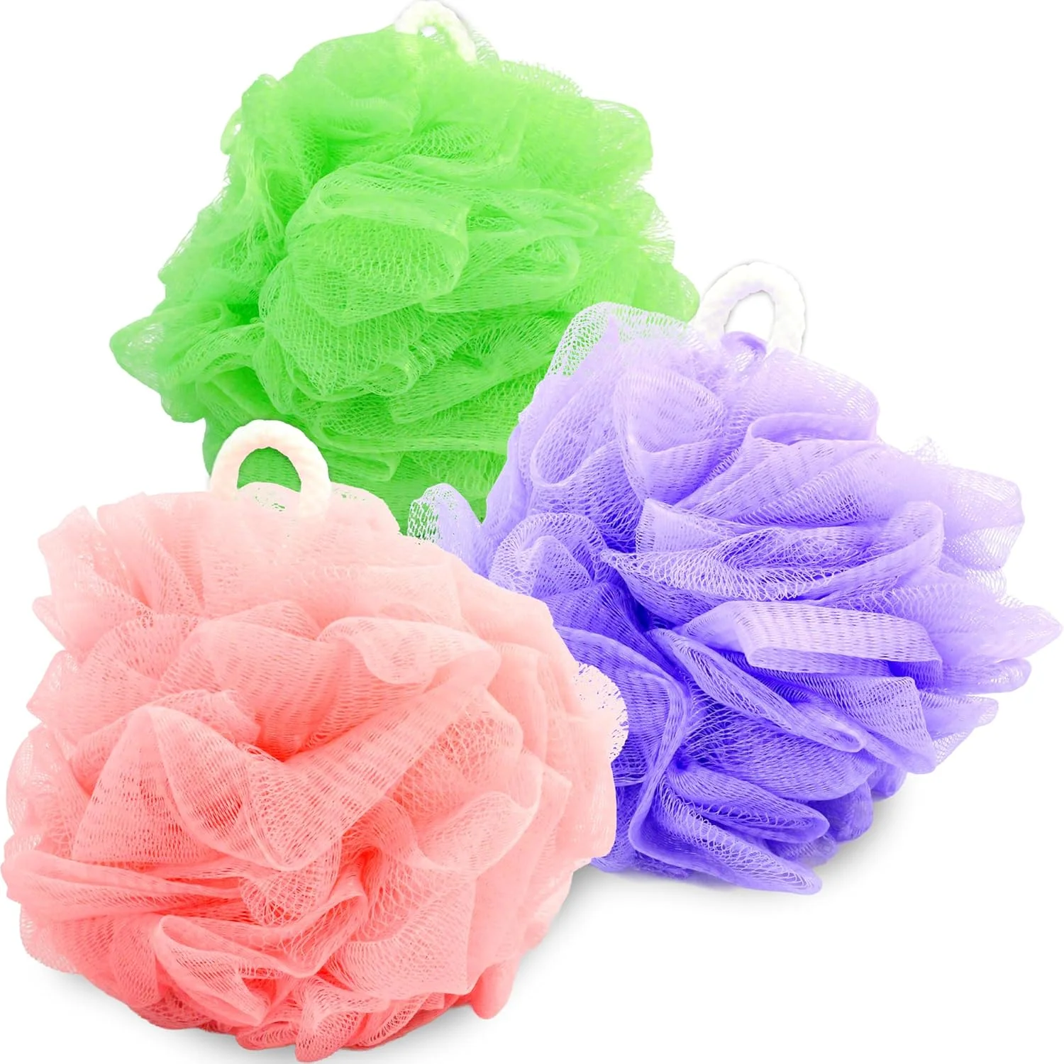 لیف حمام اسفنجی ممتاز، بسته 3 عددی (80 گرمی) - پوف های دوش فوق العاده بزرگ XL، اسکرابرهای بدن توری نرم و ملایم با طناب پنبه ای بادوام (شکوفه بهاری)