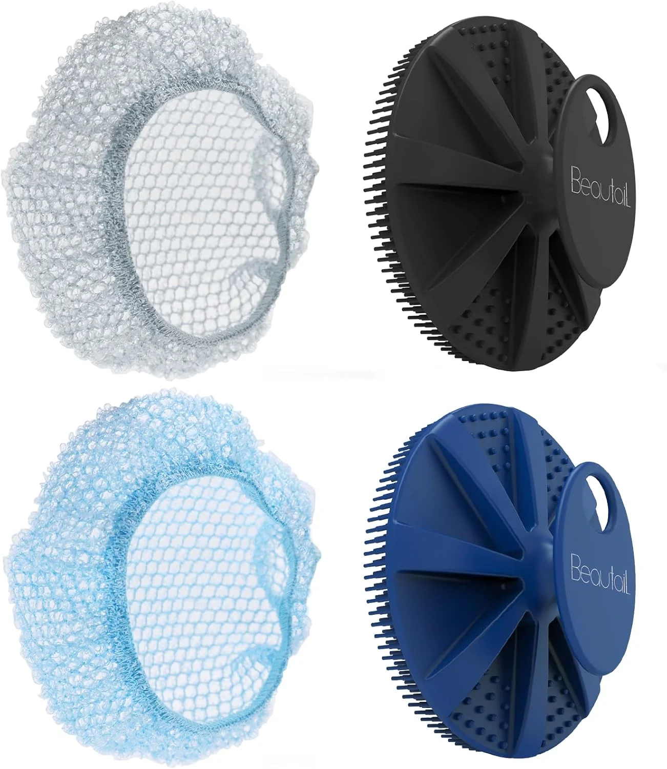 لیف سیلیکونی بدن و تورهای شستشو BEAUTAIL بسته 4 عددی - فوم غنی و لایه برداری با برس ملایم یا گزینه های توری محکم تر - بهداشتی، بادوام، تمیز کردن آسان - 2 برس (مشکی+آبی)، 2 توری (خاکستری+آبی)