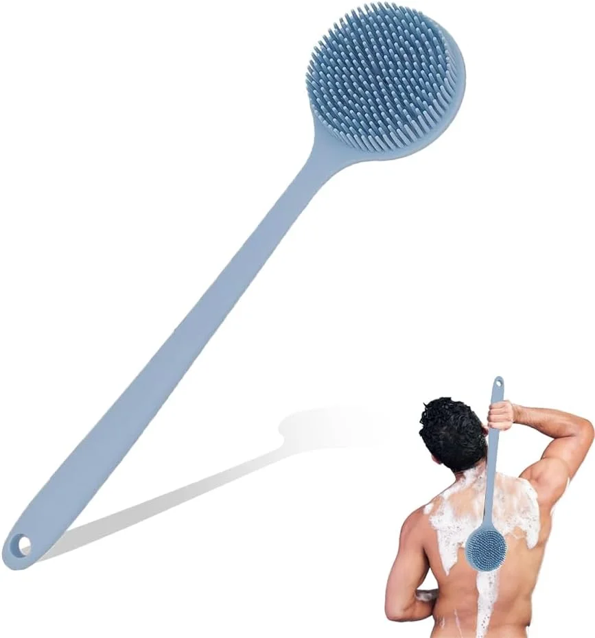 برس دوش بدن، ابزار اسکرابر پشت، ابزار اسپا دسته بلند سیلیکونی دو طرفه، مناسب برای پوست مرطوب یا خشک، برس خشک، لایه برداری سلولیت پشت و واشر بدن (آبی)