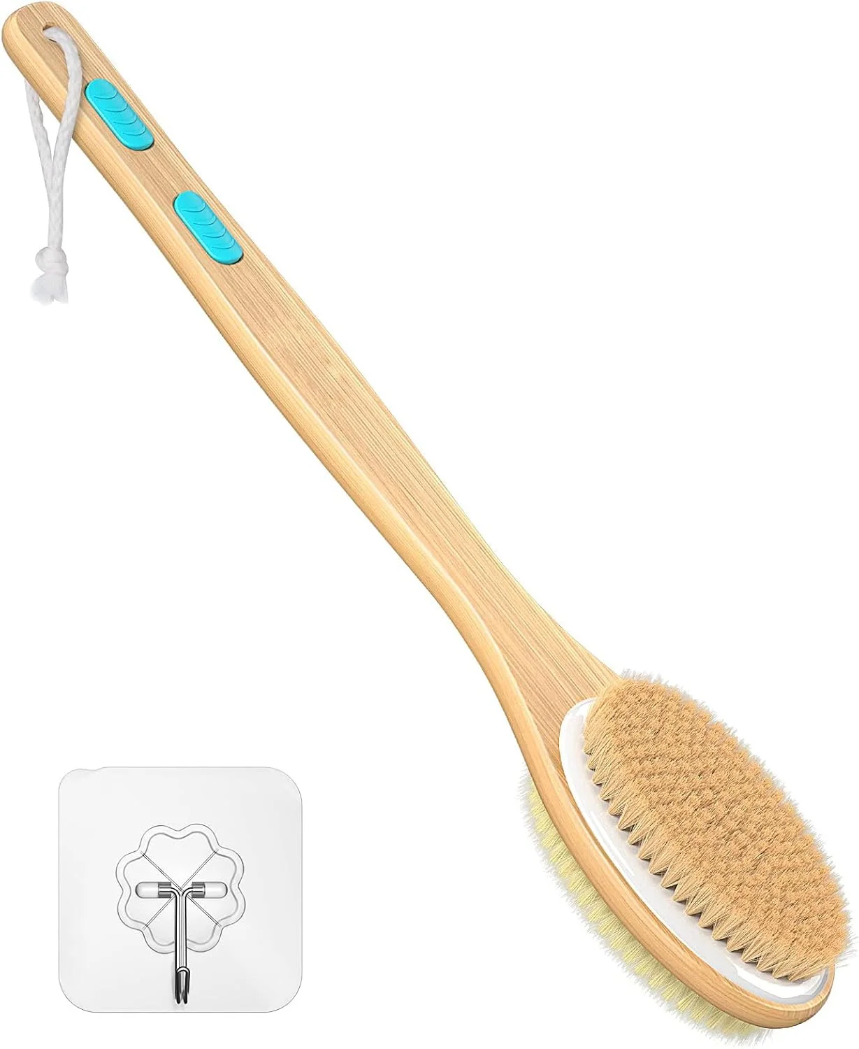 برس دوش دو طرفه برای استفاده خشک یا مرطوب، برس اسکراب پشت با دسته بلند و قلاب آویز، لایه برداری ملایم و عمیق برای بهبود گردش خون (موهای نرم + موهای زبر)