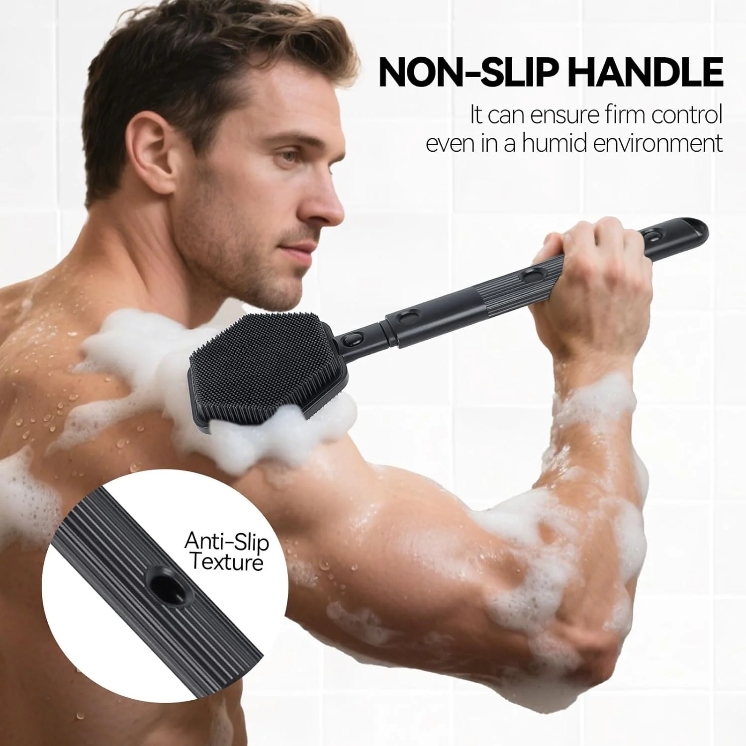 برس سیلیکونی پشت شوی 21 اینچی HAYSNA برای حمام - برس حمام دسته بلند قابل افزایش طول با موهای زبر و نرم - جایگزین لیف - لایه بردار بدن برای حمام یا برس خشک، مردانه و زنانه (مشکی)