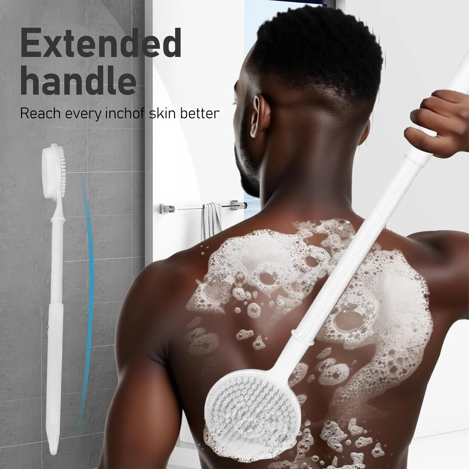 اسکرابر سیلیکونی پشت اوزنر 24 اینچی برای حمام - برس حمام دسته بلند قابل افزایش با موهای دو طرفه - ایجاد کف غنی - لایه برداری و ماساژ - ایده آل برای آقایان و بانوان (سفید)