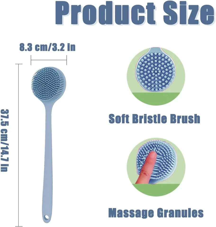 برس دوش بدن، ابزار اسکرابر پشت، ابزار اسپا دسته بلند سیلیکونی دو طرفه، مناسب برای پوست مرطوب یا خشک، برس خشک، لایه برداری سلولیت پشت و واشر بدن (آبی)