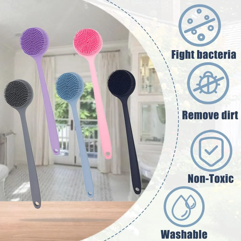 برس دوش بدن، ابزار اسکرابر پشت، ابزار اسپا دسته بلند سیلیکونی دو طرفه، مناسب برای پوست مرطوب یا خشک، برس خشک، لایه برداری سلولیت پشت و واشر بدن (آبی)