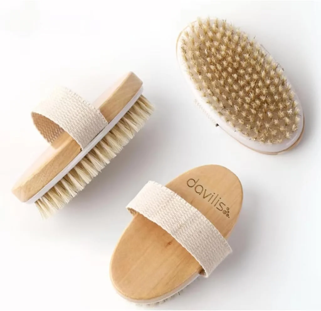 برس بدن خشک لایه بردار Davilis® از جنس چوب با موهای طبیعی برای از بین بردن سلولیت و پوست مرده و تقویت تخلیه لنفاوی و گردش خون