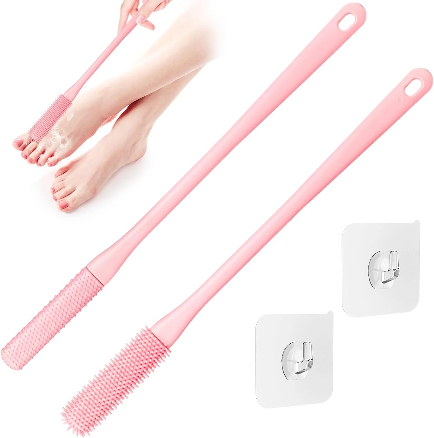 2 Pack Toe Cleaning Brush,15.7" Long Handle Silicone Foot Scrubber Bath Brush Bathroom Cleaner for Seniors Elderly Men and Women (Pink)