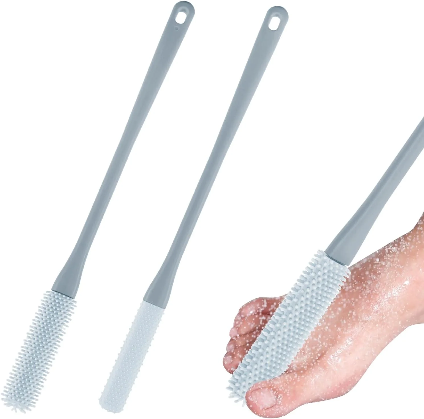 برس تمیز کننده انگشت پا، دسته بلند 40 سانتی‌متری، برس اسکرابر نرم لاستیکی پا، برس قابل حمل پا، تمیز کننده پا برای استفاده در حمام، مناسب برای افراد مسن، مردان و زنان (خاکستری) - بسته 2 عددی