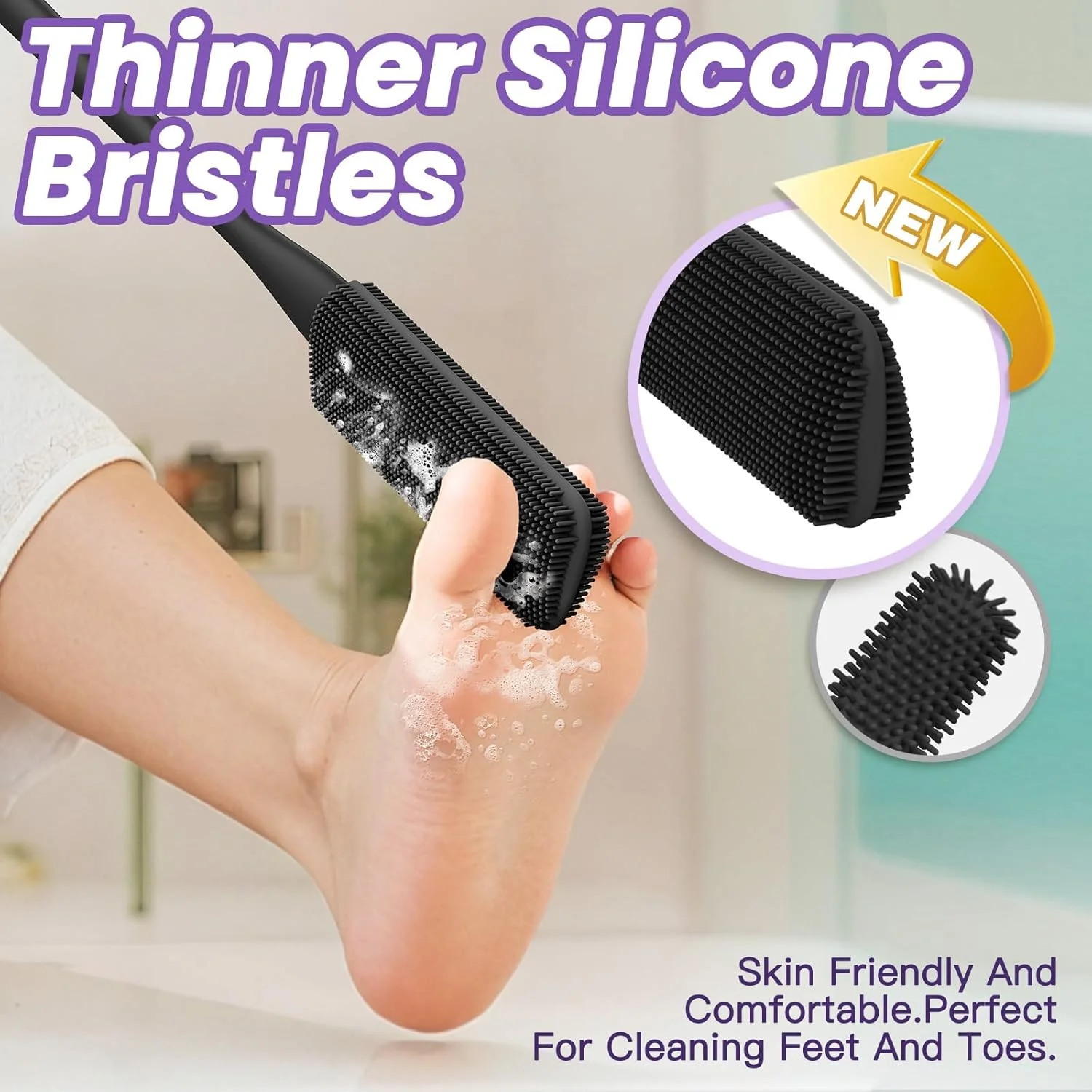 ست 4 عددی برس تمیز کننده انگشت پا، برس سیلیکونی نازک اسکرابر انگشت پا برس حمام برای بدن برس حمام پشت دسته بلند برای درز انگشت پا ابزار حمام (مشکی)