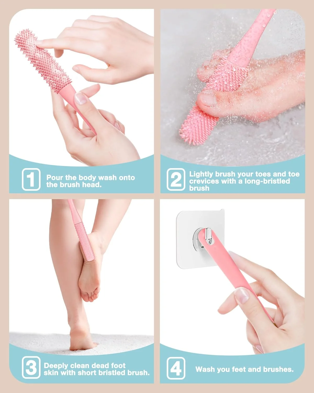2 Pack Toe Cleaning Brush,15.7" Long Handle Silicone Foot Scrubber Bath Brush Bathroom Cleaner for Seniors Elderly Men and Women (Pink)